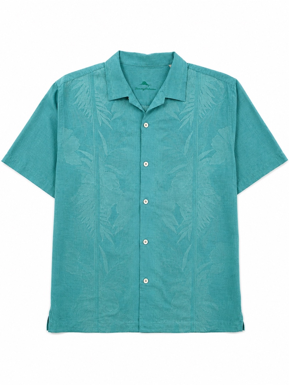 Tommy Bahama Men’s L 100% Silk Camp Shirt Teal Blue Floral Jacquard - Picture 2 of 8